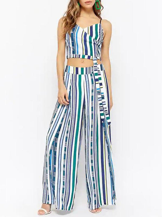 Stripe Spaghetti-neck Crisscross Tops And Wide Leg Pants Suits