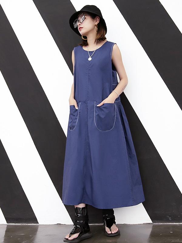 Loose Blue Big Pocket Vest Long Dress