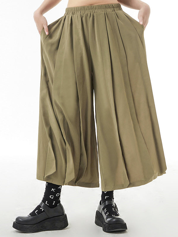 Casual Elasticity Waisted Solid Color Wide Leg Pleated Pants