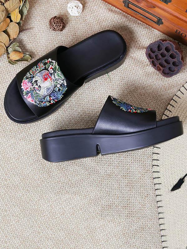 Embroidered Peep-toe Slides Shoes