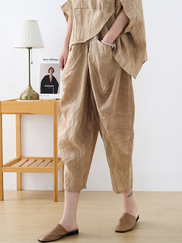 Vintage Linen Loose Split-Joint Round-Neck Batwing Sleeves T-Shirt+Elasticity Wide Leg Pants 2 Pieces Set