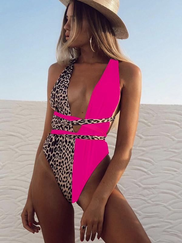 Leopard-Print Hollow Straps One-Piece Swimsuit