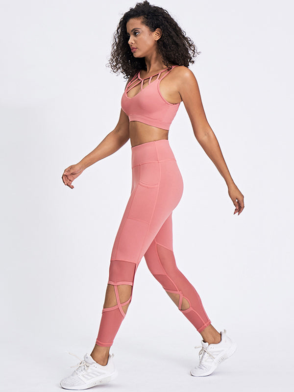 Mesh Split-Joint Cross Bra&Leggings Suits