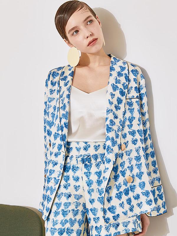 Loose Printed Double-breasted Tops + Wide Leg Shorts Suit