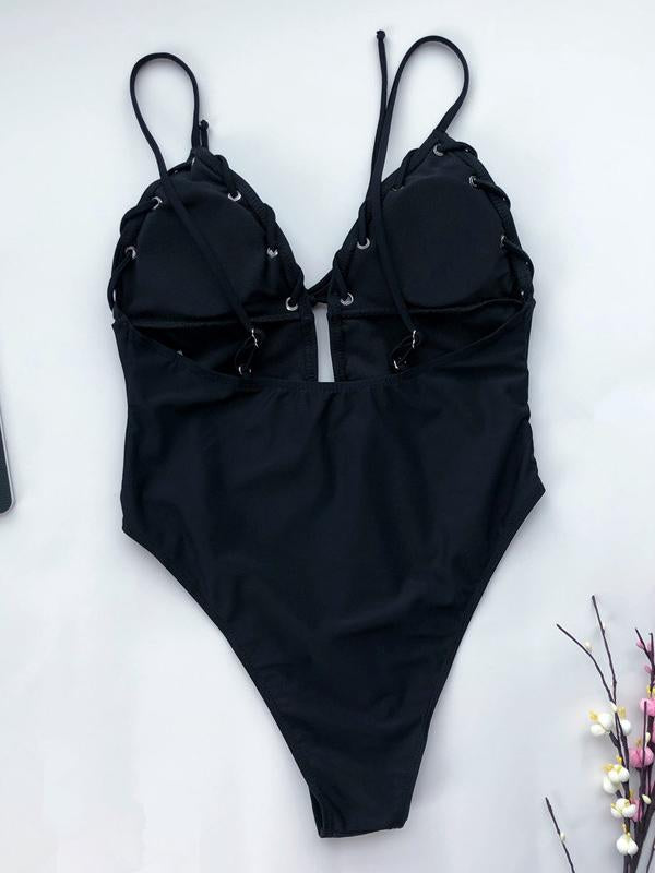 Solid Color Eyeleted Bandage One-Piece Swimwear