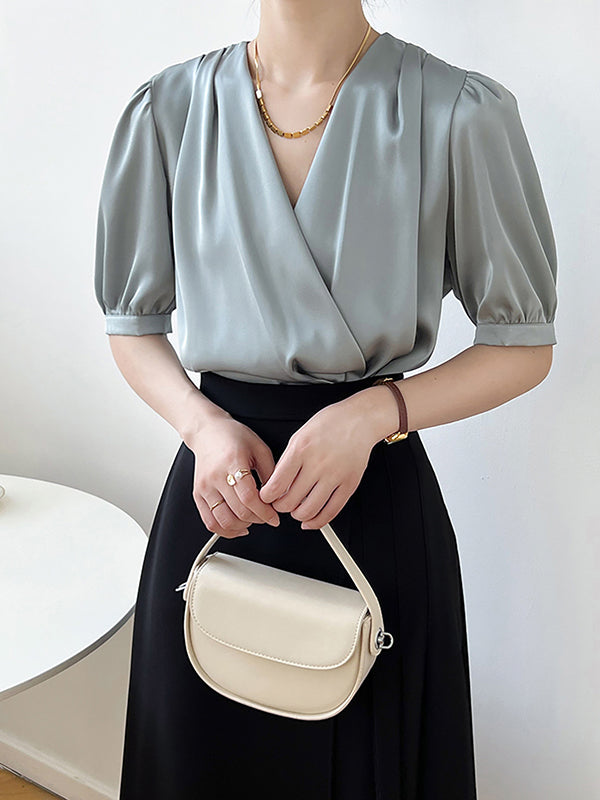 Office V-Neck Half Sleeves Solid Color Blouse