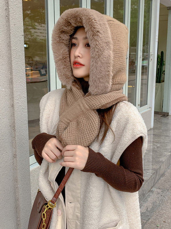 Casual Warm Solid Color With Scarf Knitted Hat