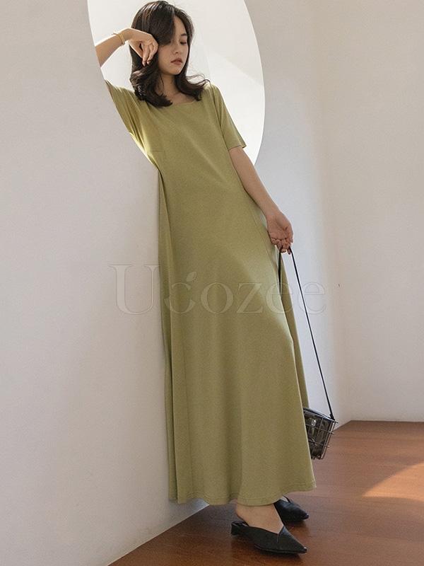 Casual Solid Belted Hemline Maxi Dress