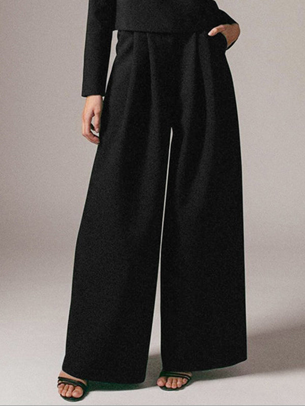 Casual Solid Color Round-Neck Long Sleeves T-Shirt+Wide Leg Pants 2 Pieces Set