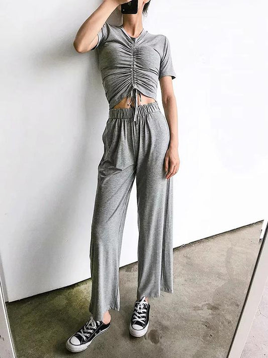 Drawstring Pleated Tees And Wide Leg Pants Suits