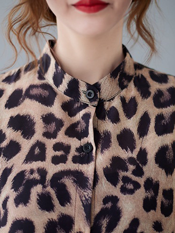 Original Loose Ramie Cotton Leopard Printed Buttoned Stand Collar Midi Shirt Dress