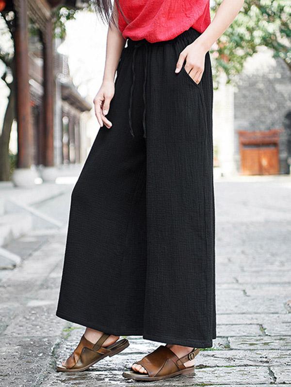 Cotton Linen Solid Wide Leg Pants