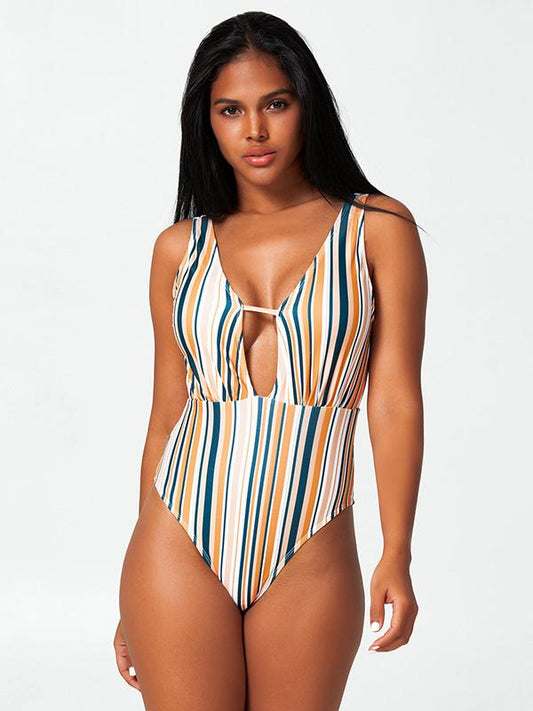 Sexy Deep V-Neck Hollow Stripes One-Piece Bikini Swimwear