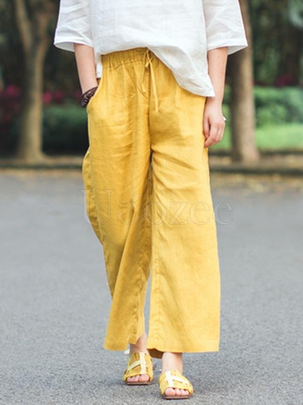 Retro Linen Drawstring Wide Leg Pants