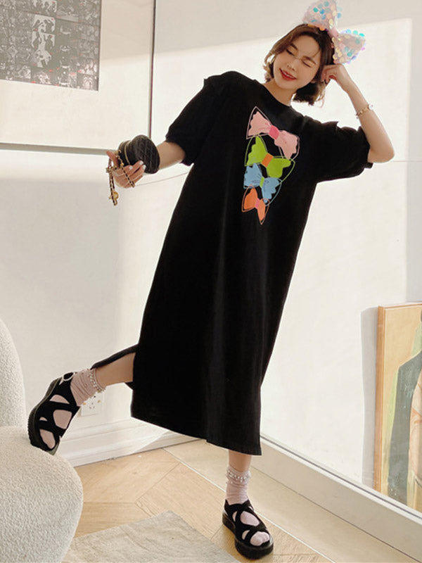 Original Split-Side Printing Puff Sleeve Midi Dress