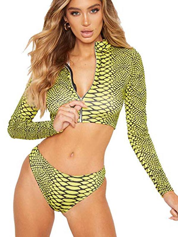 Sexy U Collar Zipper Snake Pattern Long Sleeves Bikini Swimsuit