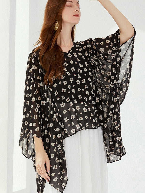 Original Loose Chiffon Floral Printed Irregular Shirt Top