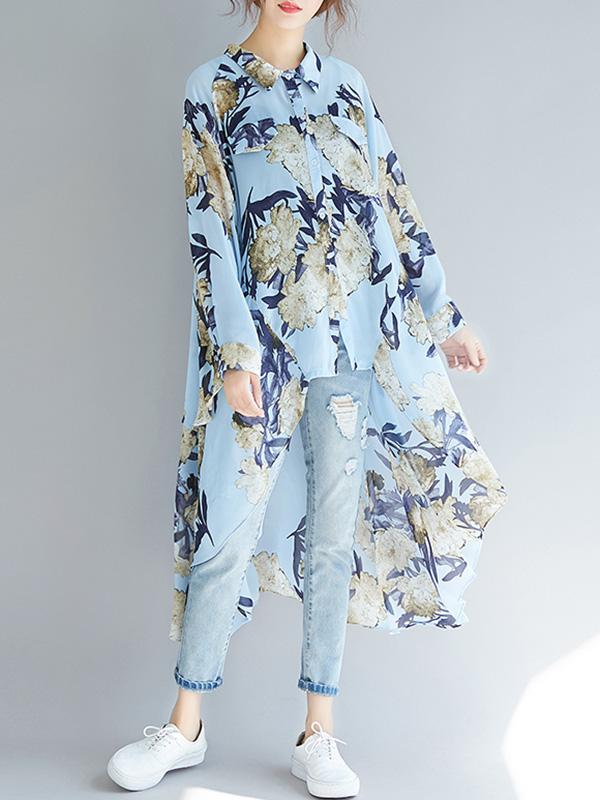 Loose Cropped Flower Printed Long Shirt