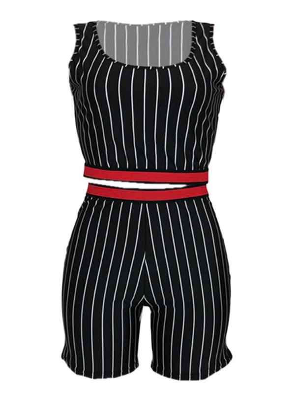 Contrast Trim Stripped Tanks And Shorts Suits