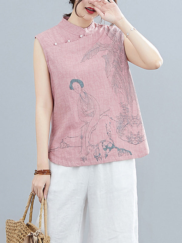 Artistic Retro Chinese-Style Printed Buttoned Stand Collar Sleeveless Vest