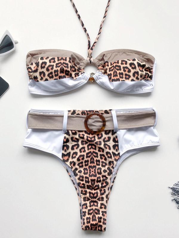 Leopard Print Split-Joint Belted Split Bikini Swimsuit