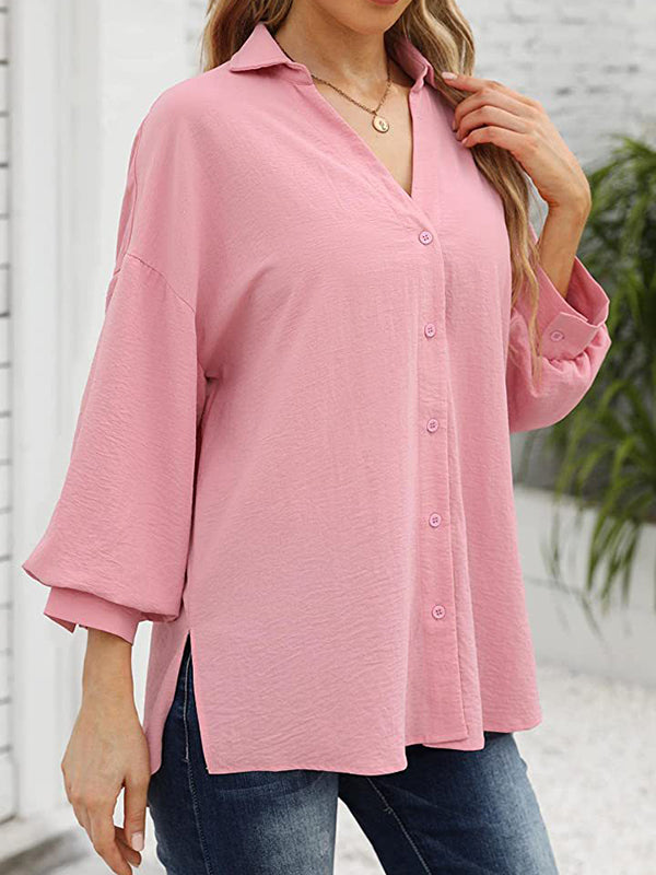 Loose Puff  Three-Quarter Sleeves Solid Color Lapel Blouses