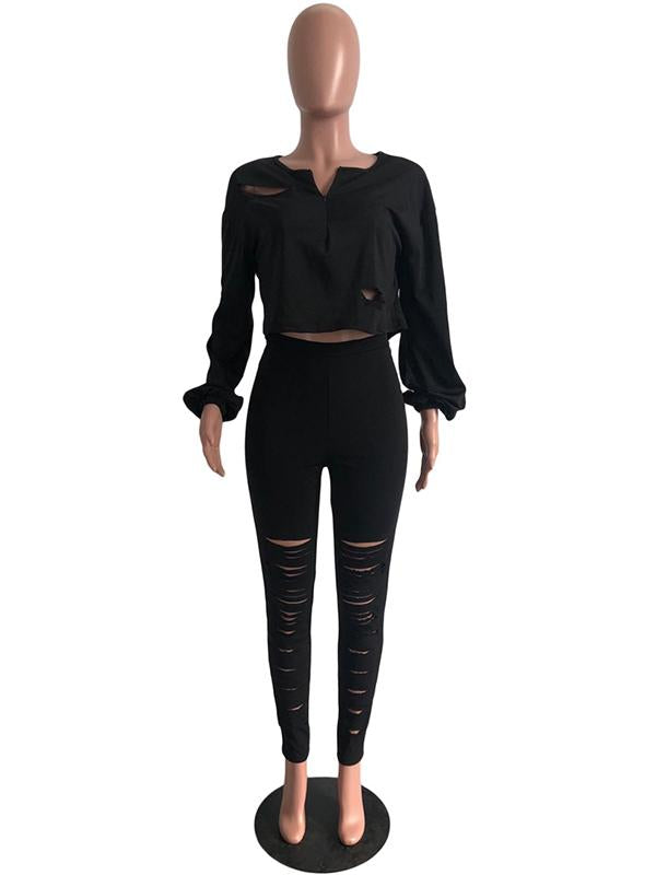 Loose Long Sleeves Hollow Sweatshirt&Pants Suits