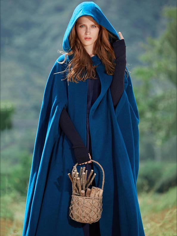 Blue Hooded Cloak Trench Cape Outwear