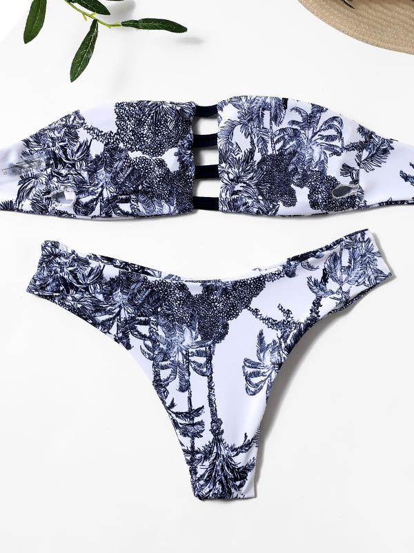 Bandeau Floral Printed Adjustable High-Waisted Bikini Swimwear