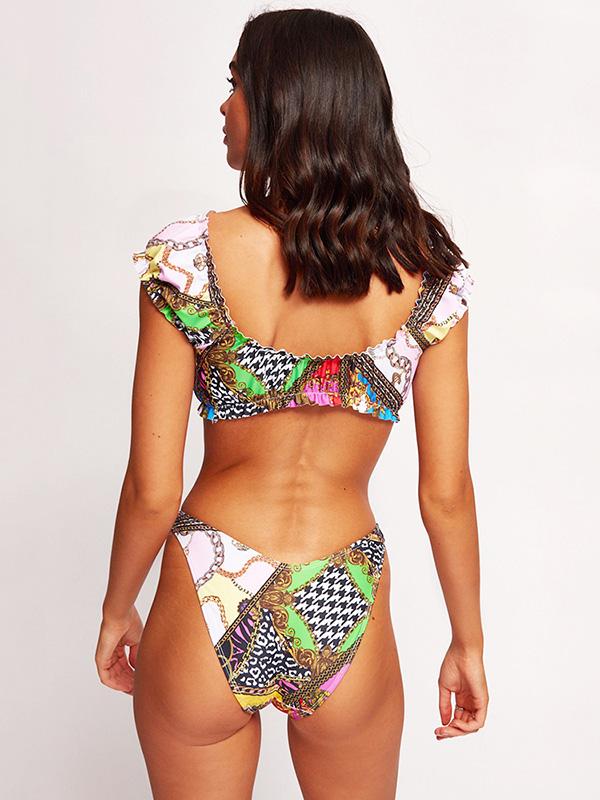 Sexy Ruffled Bandage  Printing Split Type Bikini Swimsuit