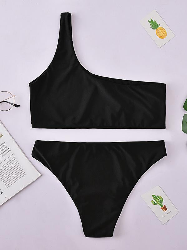 Sexy Single Shoulder Solid Color Split Bikini Swimsuit