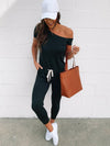 Short Sleeved With Slanted Shoulder Athleisure Jumpsuits