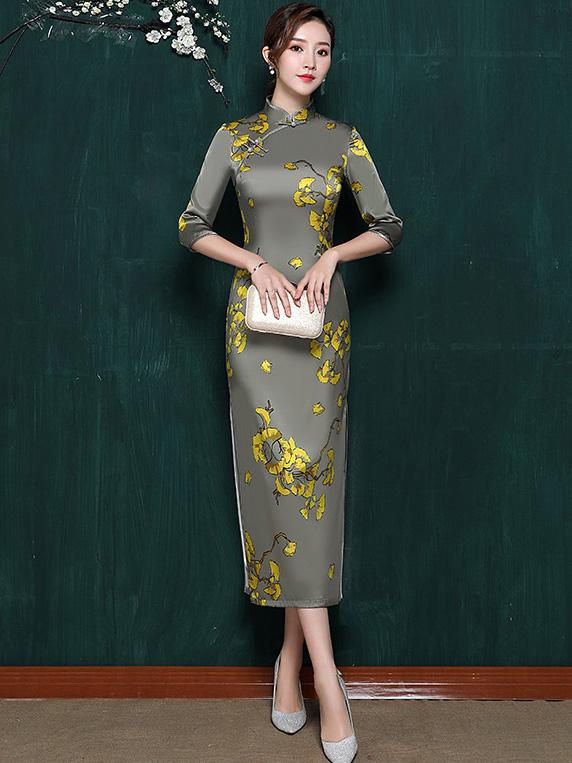 Mulberry Silk Floral Split-side Stand-collar Long Cheongsam