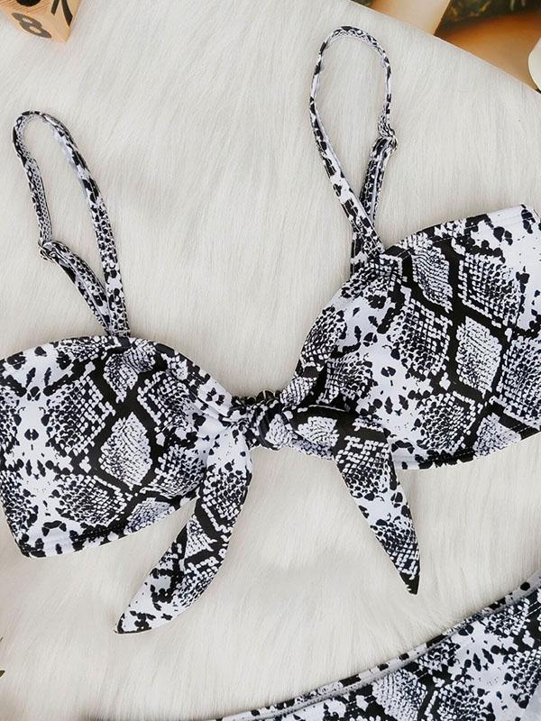 Sexy Spaghetti Strap Bow-embellished Snakeskin Bikini Set