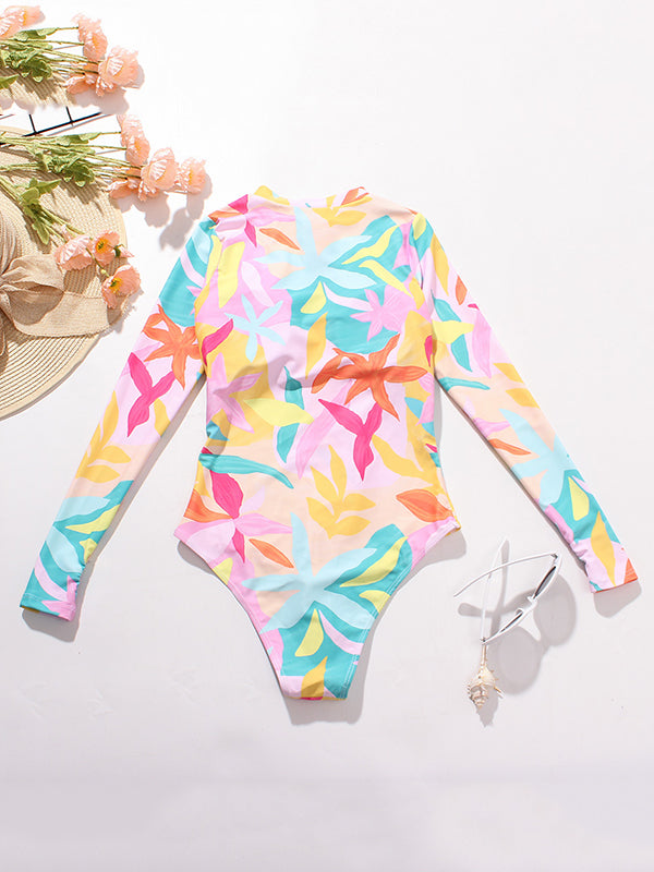 Long Sleeve Printed Zipper One-Piece Wetsuit Swimwear