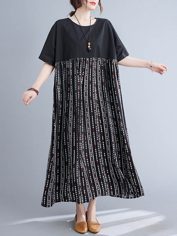 Casual Split-Joint Printed Round-Neck Half Sleeves Loose Midi Dress