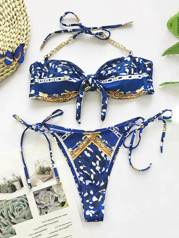 Sexy Strapless Knotted Metal Chain Split Type Bikini Swimsuit