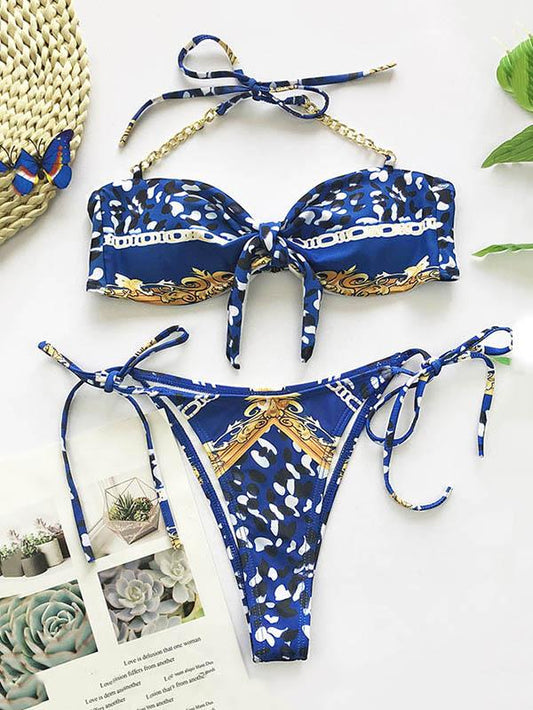 Sexy Strapless Knotted Metal Chain Split Type Bikini Swimsuit