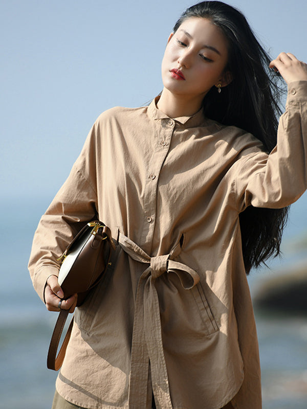 Artistic Retro Loose Long Sleeves Buttoned Tied Solid Color Stand Collar Blouses&Shirts Tops