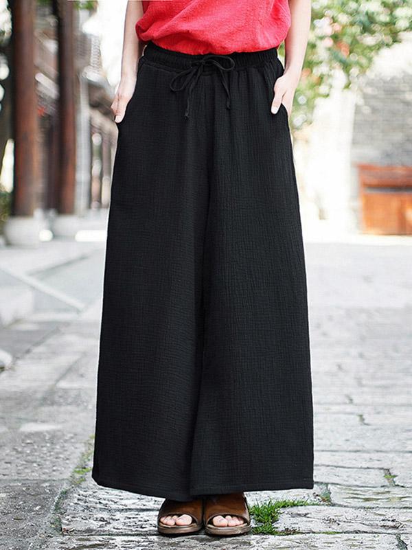 Cotton Linen Solid Wide Leg Pants