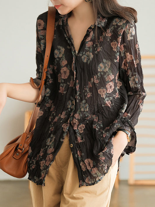 Vintage Contrast Color Long Sleeves Floral Printed Blouses Top