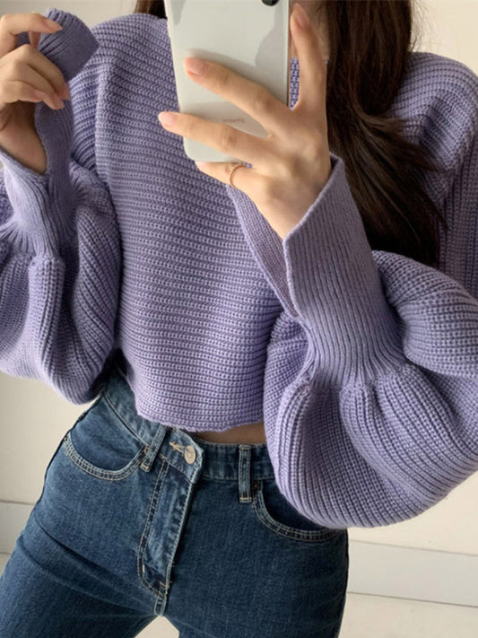 Casual Solid Color Round-Neck Bishop Sleeve Sweater Tops