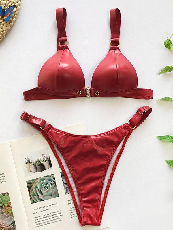 Metal Ring Solid Color Split Bikini Swimsuit