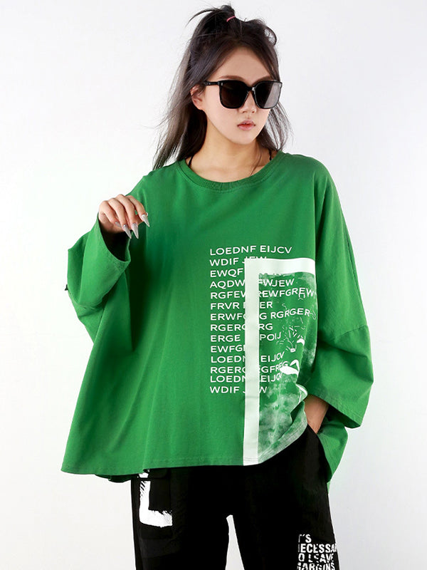 Casual Long Sleeves Loose Letter Print Round-Neck T-Shirts Tops