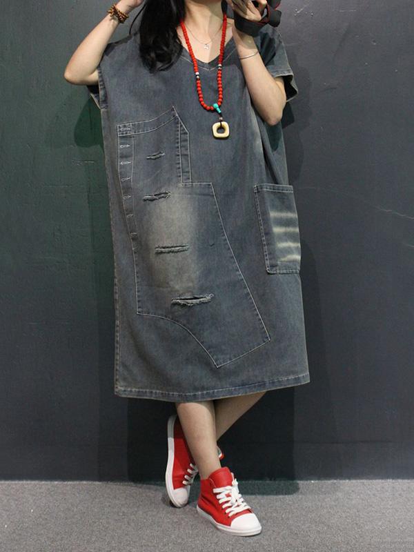 Retro Jean V-neck Dress