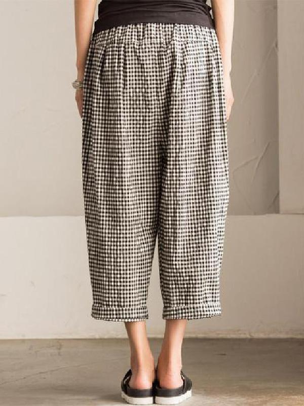 Casual Vintage Plaid Elastic Waist Pants