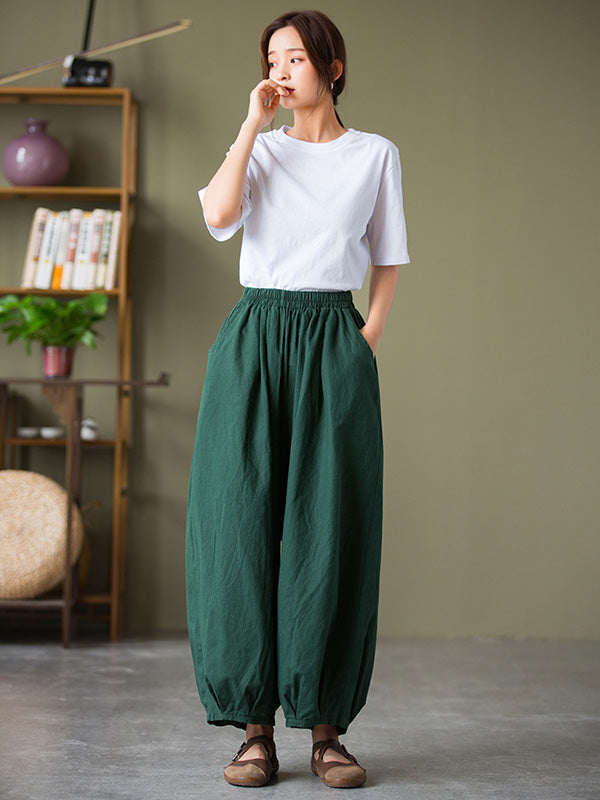 Simple Loose Linen Solid Color Pleated Drawstring Wide Legs Knickerbockers