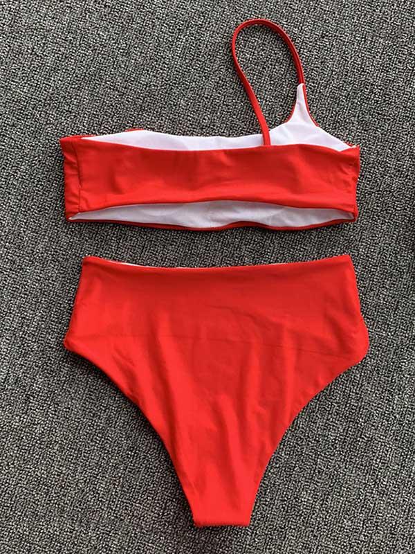 One-Shoulder Solid Color Split Bikini Swimsuit