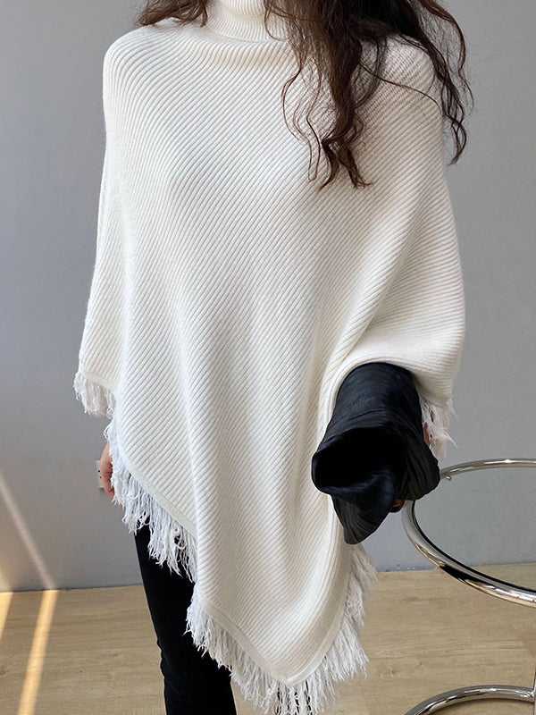 Casual Loose Tasseled Solid Color High-Neck Sweater Tops