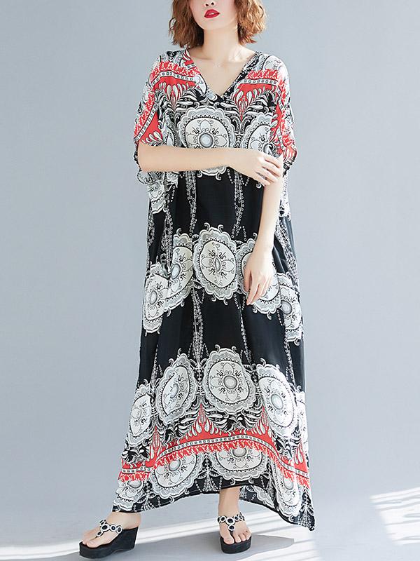 Loose Plus Size National Printed Maxi Dresses